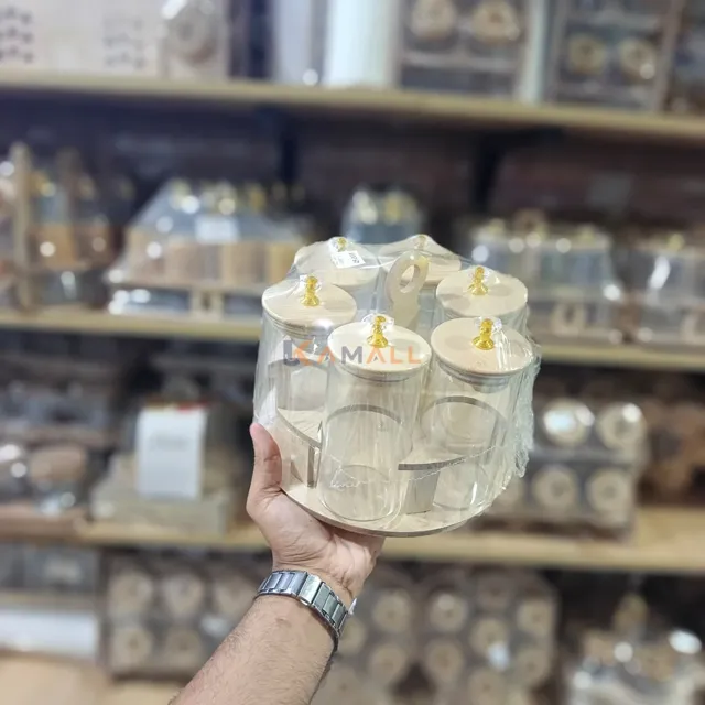 Support à Épices Rotatif en Bois avec 6 Pots en Verre – Organisateur de Cuisine 19 x 22 cm