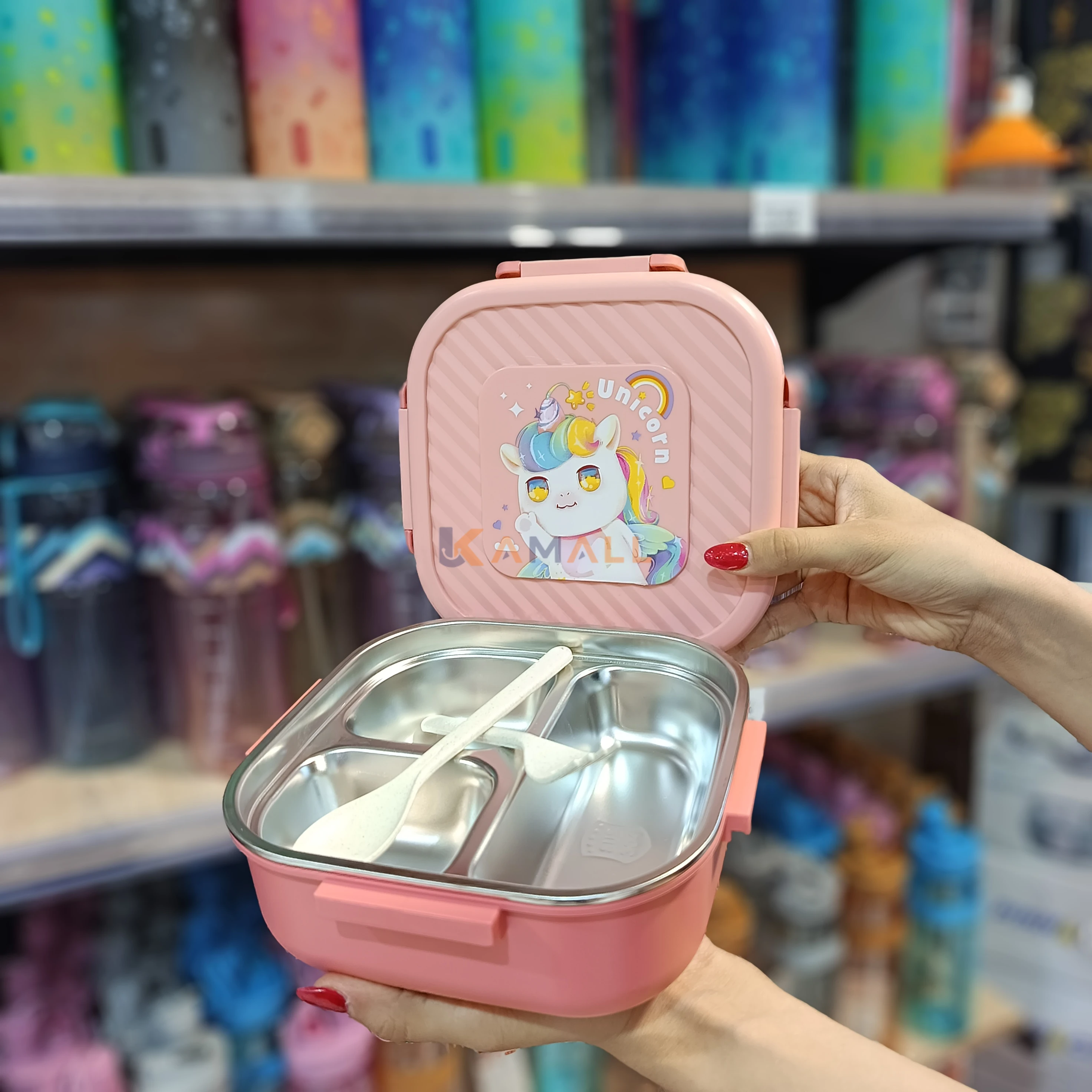 Lunch Box 3 Compartiments avec Cuillère et Fourchette – Boîte Repas Inox et Plastique