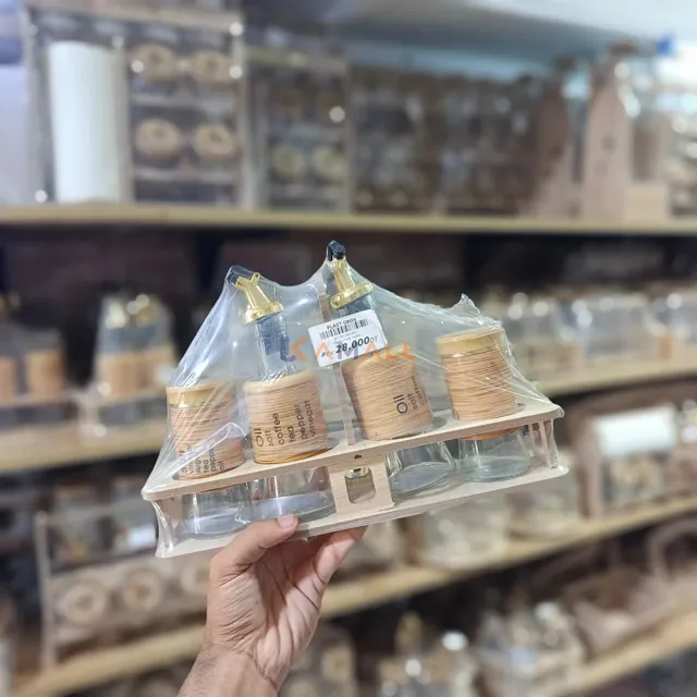 Support Huile et Salière en Bois avec Accessoires en Verre – Organisateur de Cuisine