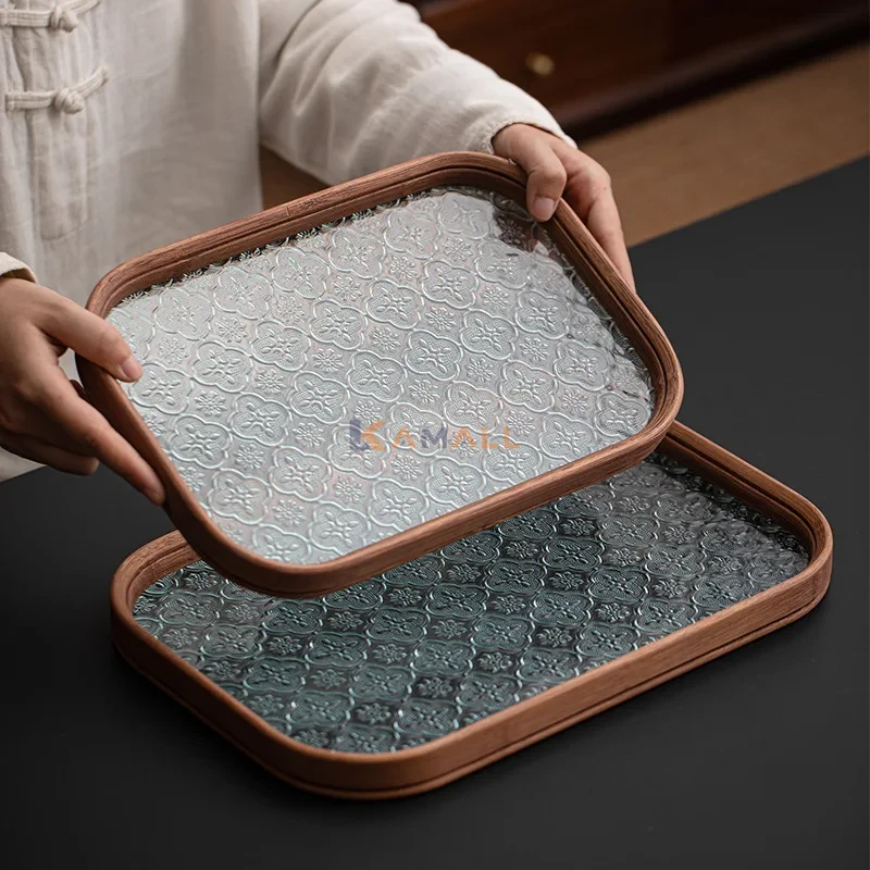 Plateau Carré  en Verre et Bois – Plateau de Service Élégant pour Table et Décoration