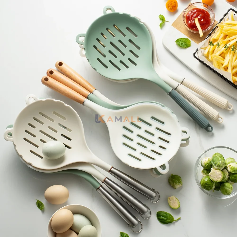 Passoire en Silicone avec Manche en Bois – Égouttoir de Cuisine Pratique et Résistant