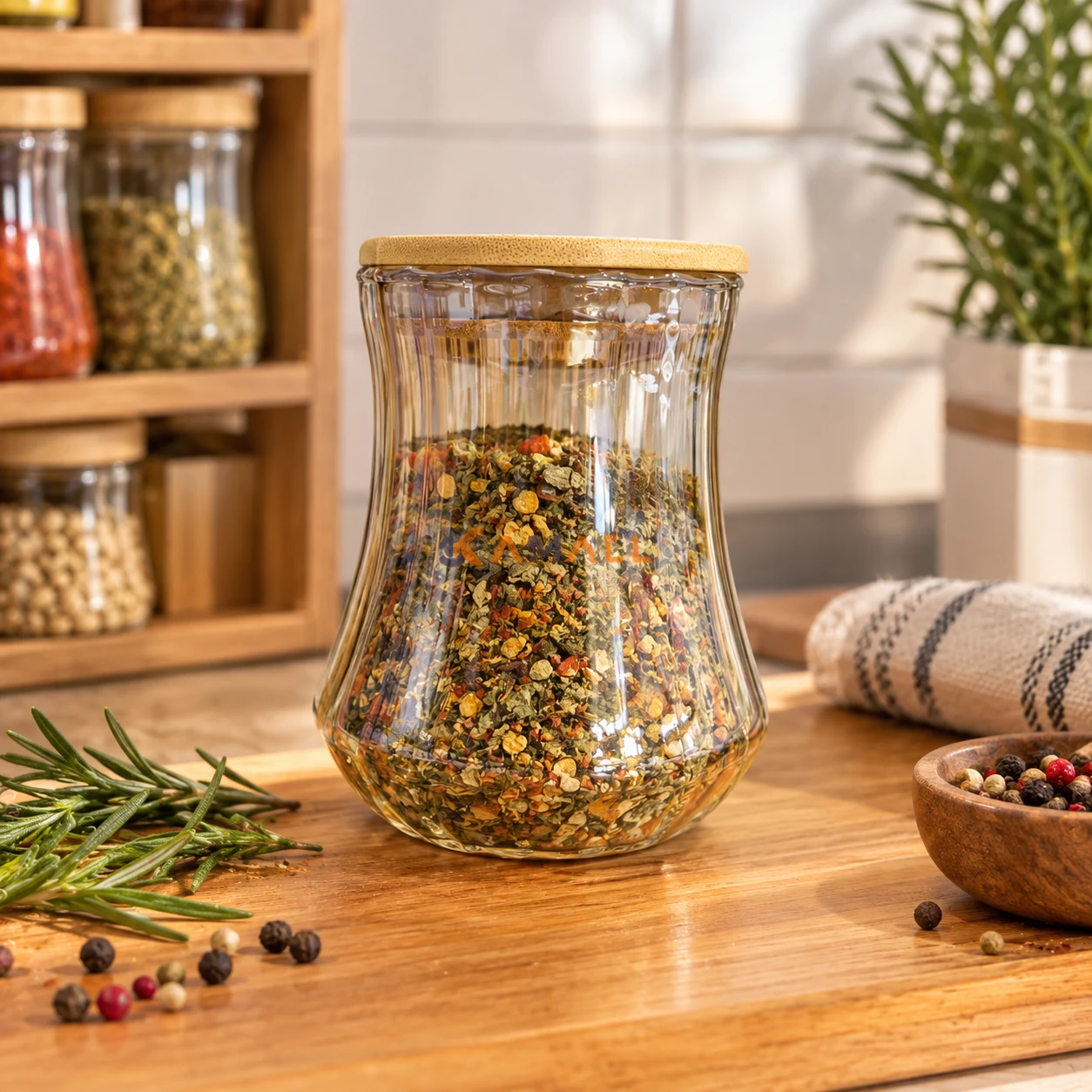 Boite a epices hermetique en verre GM avec couvercle en bois