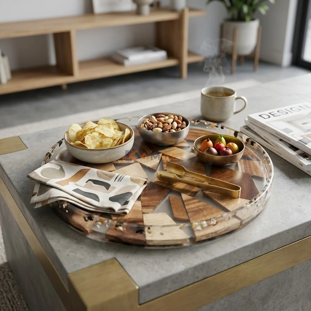 Plateau rond en plexiglas avec fond en bois 30 cm