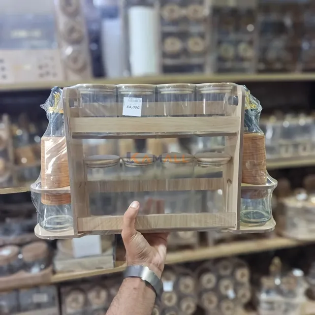 Support en Bois avec 8 Pots à Épices et Bouteille à Huile en Verre – Organisateur de Cuisine