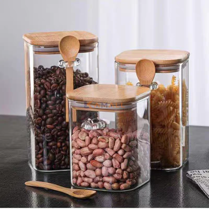 Bocal hermetique carree en verre avec couvercle et cuillere en bois