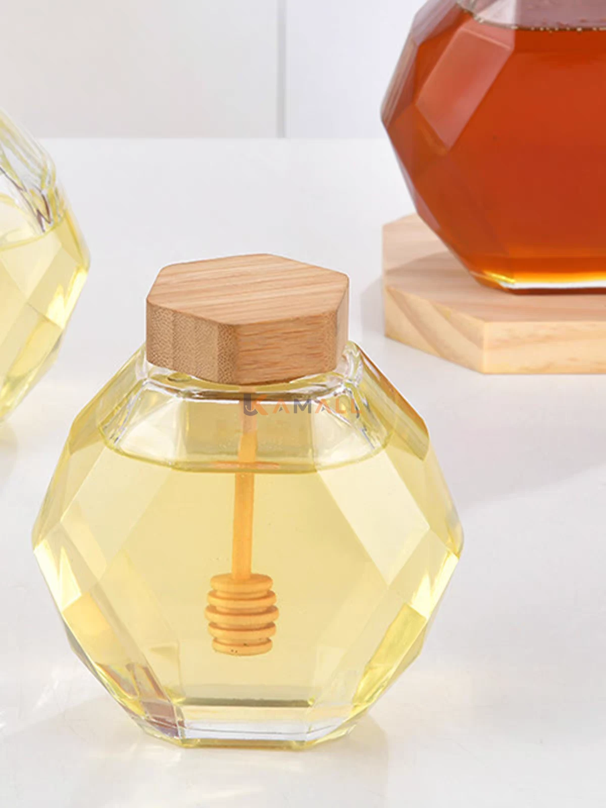 Boite à miel en verre avec couvercle en bois