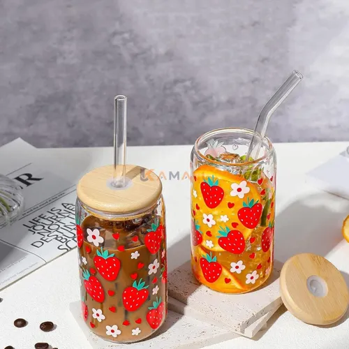 Chope en Verre avec Couvercle en Bois et Paille en Verre-motif cerise