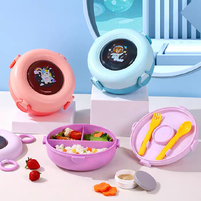 Boite a lunch rond a 3 Compartiments avec Couvert et mini boite en plastique alimentaire PP5