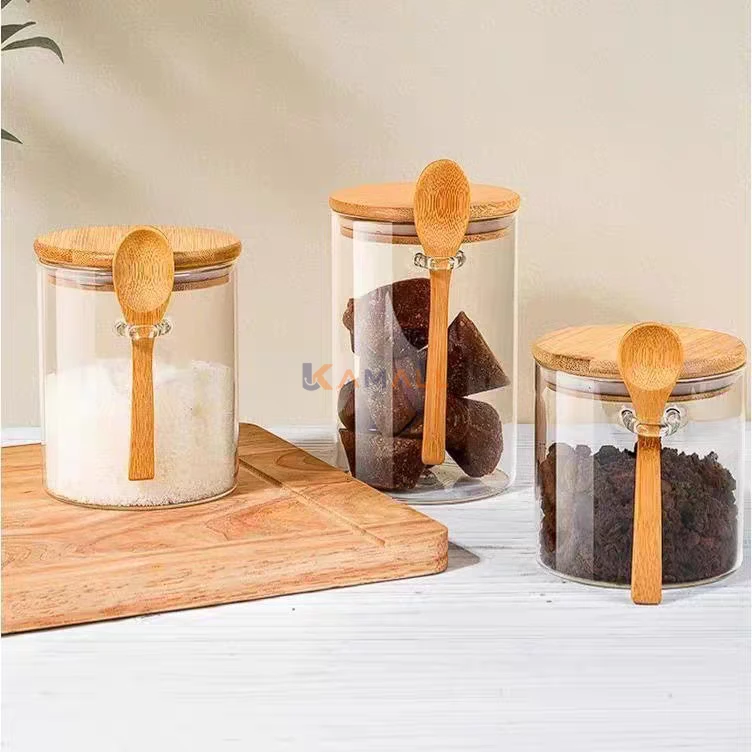 Bocal hermetique en verre avec couvercle et cuillere en bois