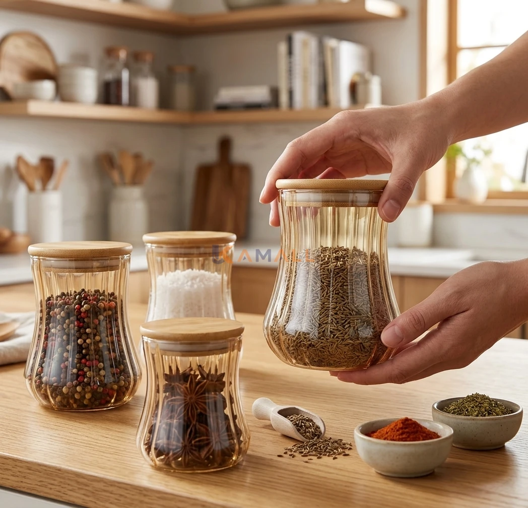 Boite a epices hermetique en verre MM avec couvercle en bois
