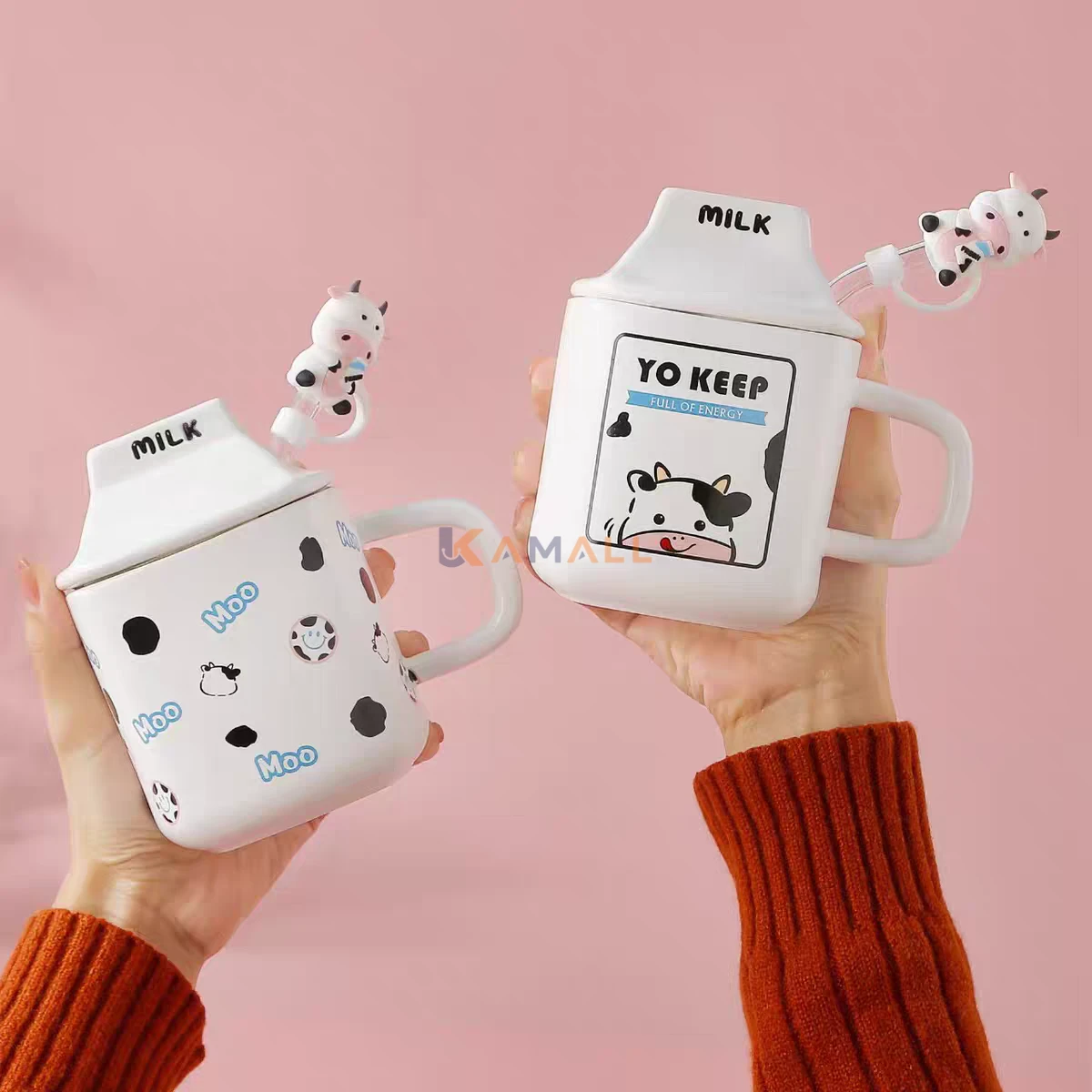 Tasse fantaisie vache en céramique 300 ml avec paille en verre