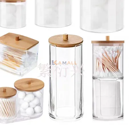 Set 3 Boîtes de Rangement en Plexi avec Couvercle en Bois – Organisateurs Élégants pour Coton et Bâtonnets