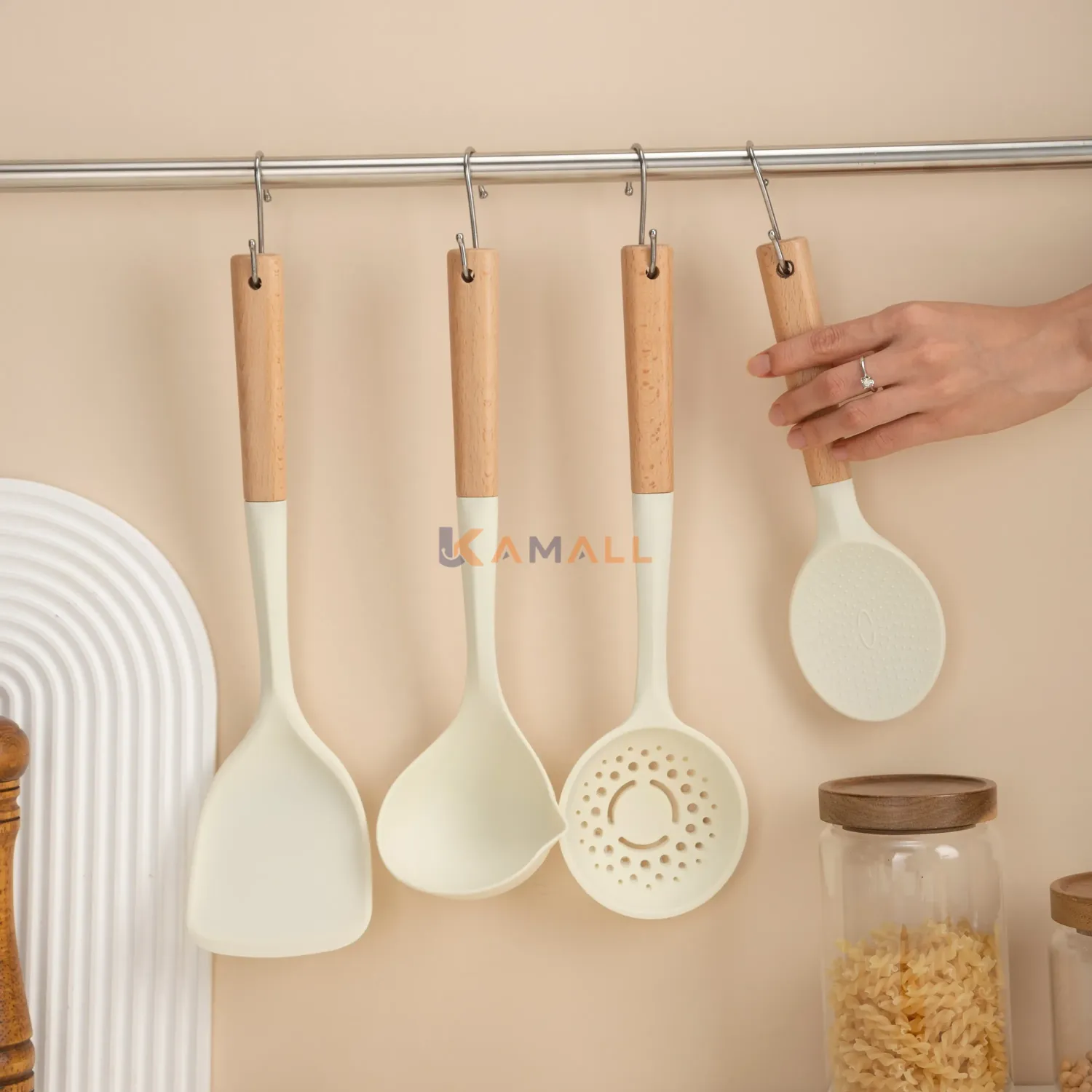 Louche de Cuisine en Silicone avec Manche en Bois – Ustensile de Cuisine pour Soupes et Sauces