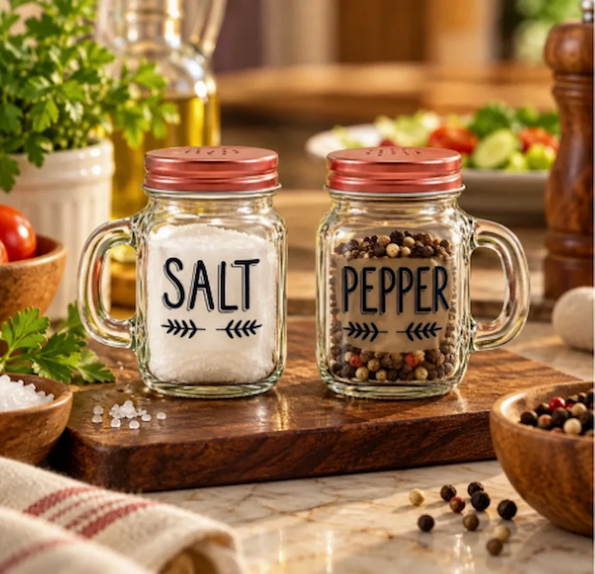 Set de 2 salieres et poivrieres en verre avec couvercle en metal